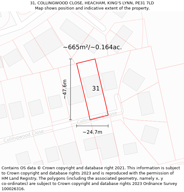 31, COLLINGWOOD CLOSE, HEACHAM, KING'S LYNN, PE31 7LD: Plot and title map