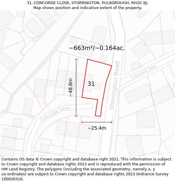31, CONCORDE CLOSE, STORRINGTON, PULBOROUGH, RH20 3JL: Plot and title map