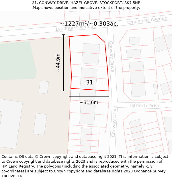 31, CONWAY DRIVE, HAZEL GROVE, STOCKPORT, SK7 5NB: Plot and title map