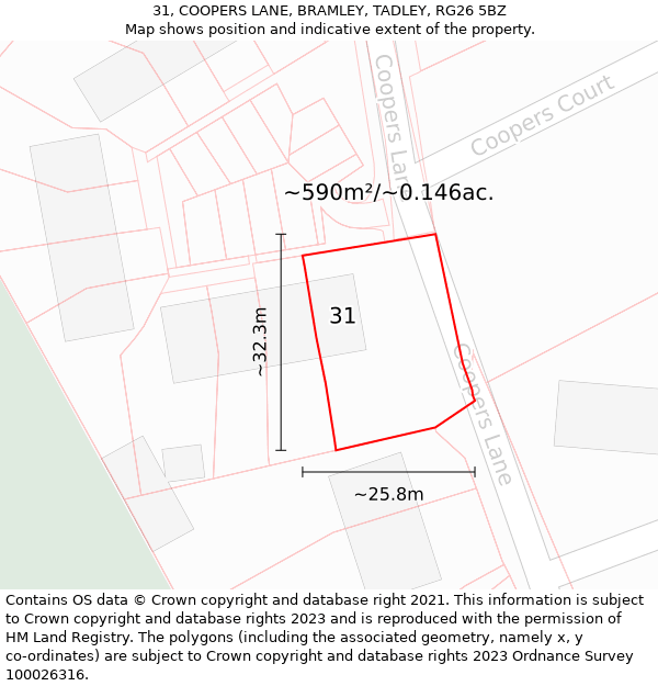 31, COOPERS LANE, BRAMLEY, TADLEY, RG26 5BZ: Plot and title map