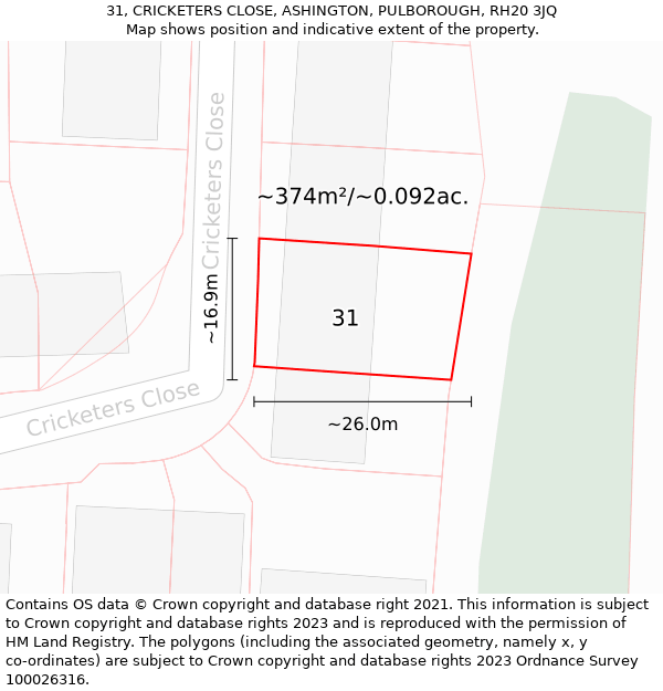 31, CRICKETERS CLOSE, ASHINGTON, PULBOROUGH, RH20 3JQ: Plot and title map