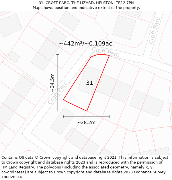 31, CROFT PARC, THE LIZARD, HELSTON, TR12 7PN: Plot and title map