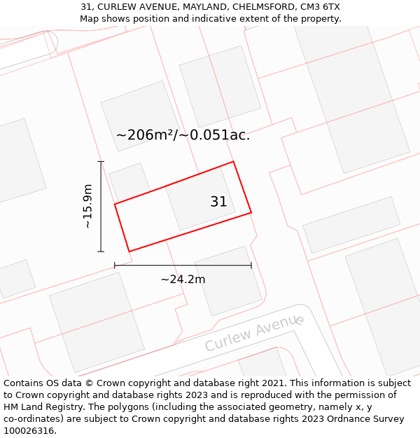 31, CURLEW AVENUE, MAYLAND, CHELMSFORD, CM3 6TX: Plot and title map