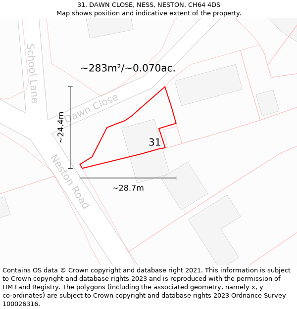 31, DAWN CLOSE, NESS, NESTON, CH64 4DS: Plot and title map