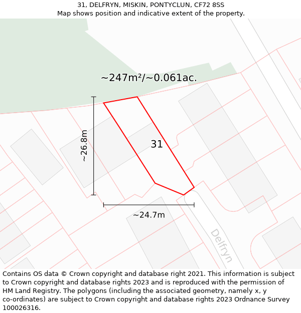 31, DELFRYN, MISKIN, PONTYCLUN, CF72 8SS: Plot and title map