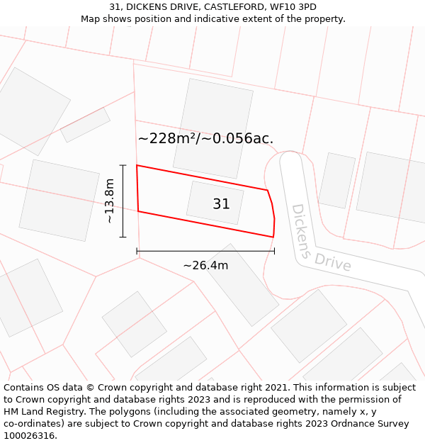 31, DICKENS DRIVE, CASTLEFORD, WF10 3PD: Plot and title map