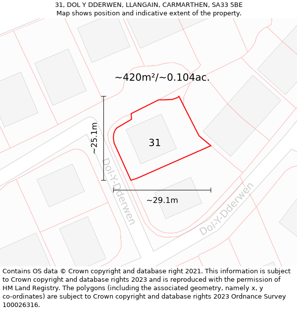 31, DOL Y DDERWEN, LLANGAIN, CARMARTHEN, SA33 5BE: Plot and title map