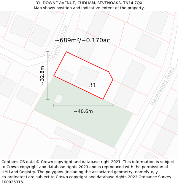 31, DOWNE AVENUE, CUDHAM, SEVENOAKS, TN14 7QX: Plot and title map