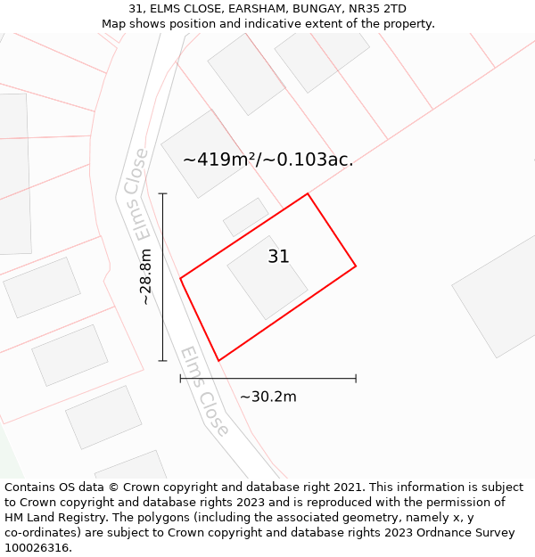 31, ELMS CLOSE, EARSHAM, BUNGAY, NR35 2TD: Plot and title map