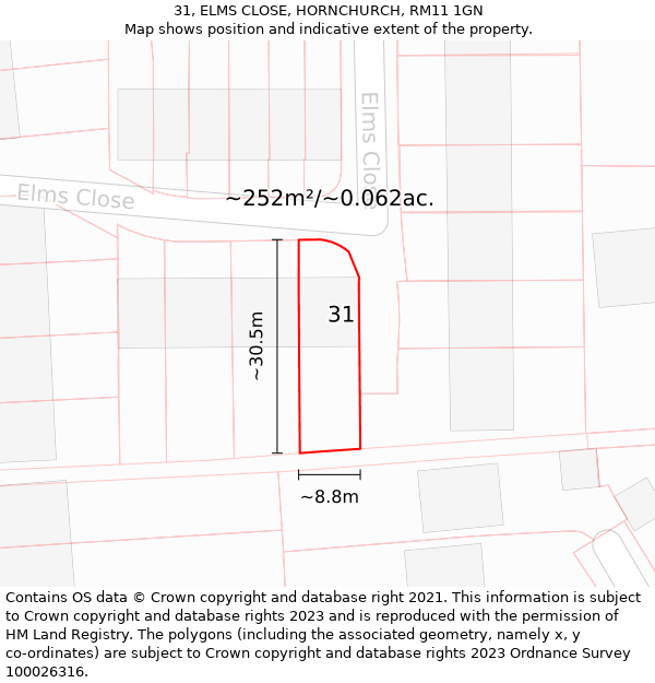 31, ELMS CLOSE, HORNCHURCH, RM11 1GN: Plot and title map