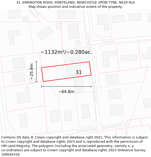 31, ERRINGTON ROAD, PONTELAND, NEWCASTLE UPON TYNE, NE20 9LD: Plot and title map