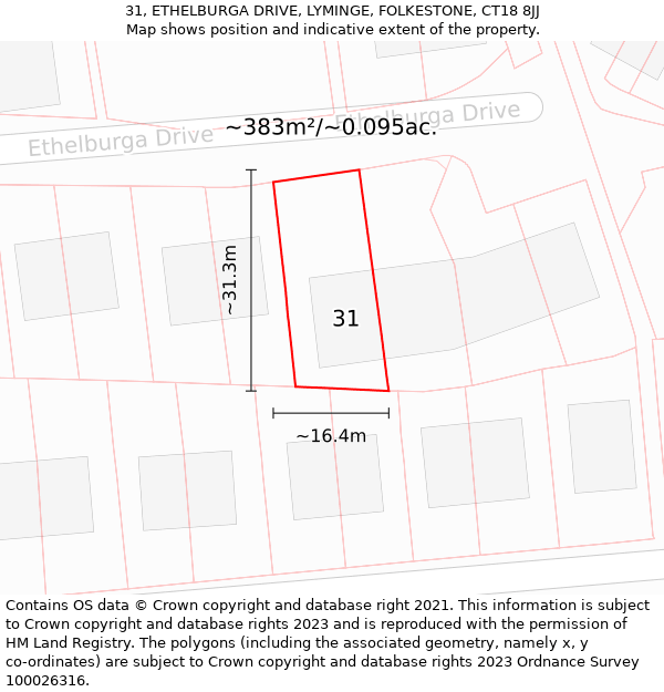 31, ETHELBURGA DRIVE, LYMINGE, FOLKESTONE, CT18 8JJ: Plot and title map