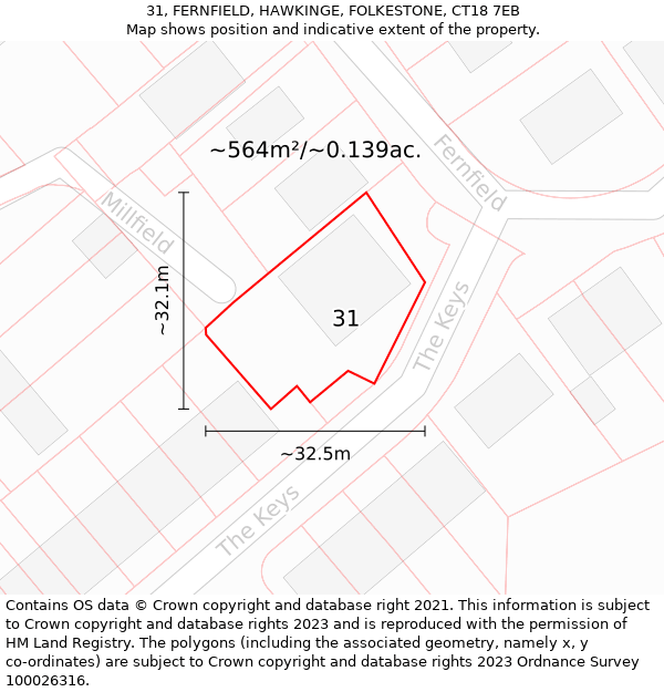 31, FERNFIELD, HAWKINGE, FOLKESTONE, CT18 7EB: Plot and title map