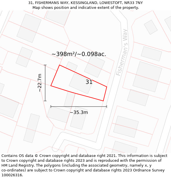 31, FISHERMANS WAY, KESSINGLAND, LOWESTOFT, NR33 7NY: Plot and title map