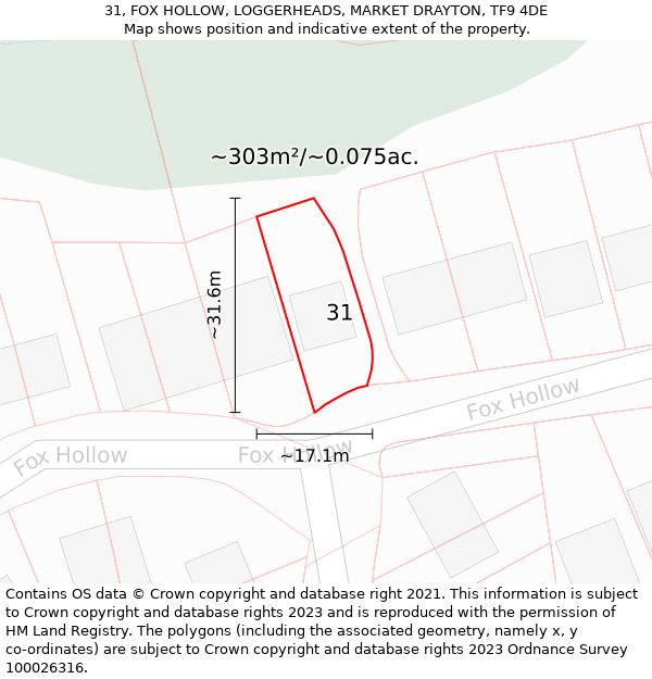 31, FOX HOLLOW, LOGGERHEADS, MARKET DRAYTON, TF9 4DE: Plot and title map