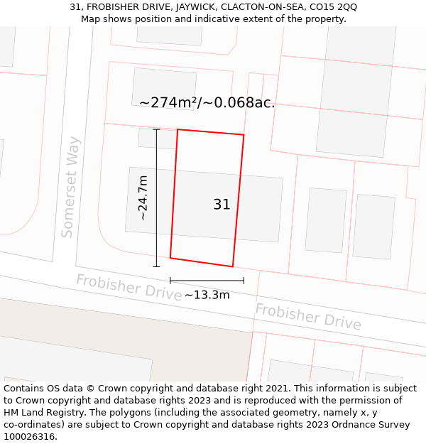 31, FROBISHER DRIVE, JAYWICK, CLACTON-ON-SEA, CO15 2QQ: Plot and title map