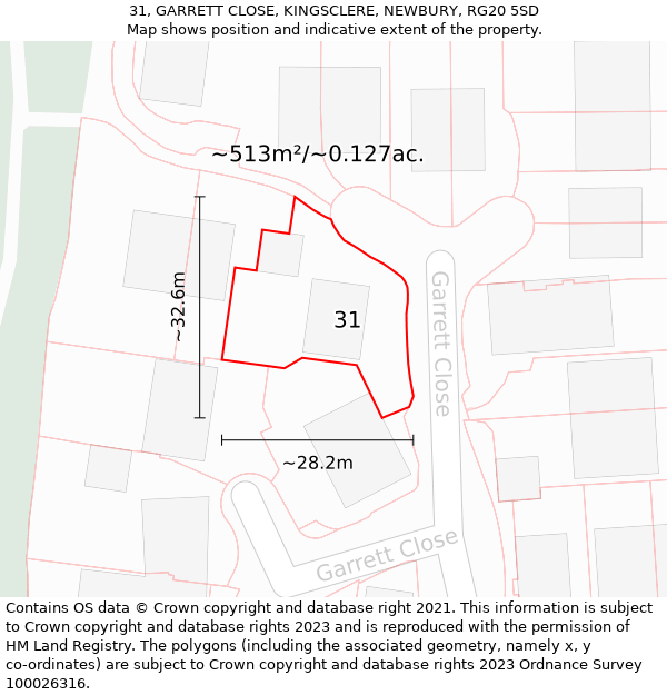 31, GARRETT CLOSE, KINGSCLERE, NEWBURY, RG20 5SD: Plot and title map