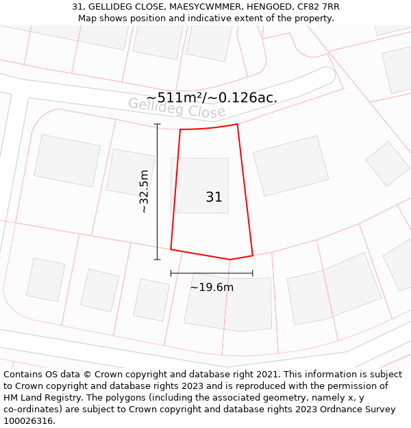 31, GELLIDEG CLOSE, MAESYCWMMER, HENGOED, CF82 7RR: Plot and title map