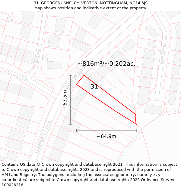 31, GEORGES LANE, CALVERTON, NOTTINGHAM, NG14 6JS: Plot and title map