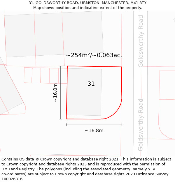 31, GOLDSWORTHY ROAD, URMSTON, MANCHESTER, M41 8TY: Plot and title map