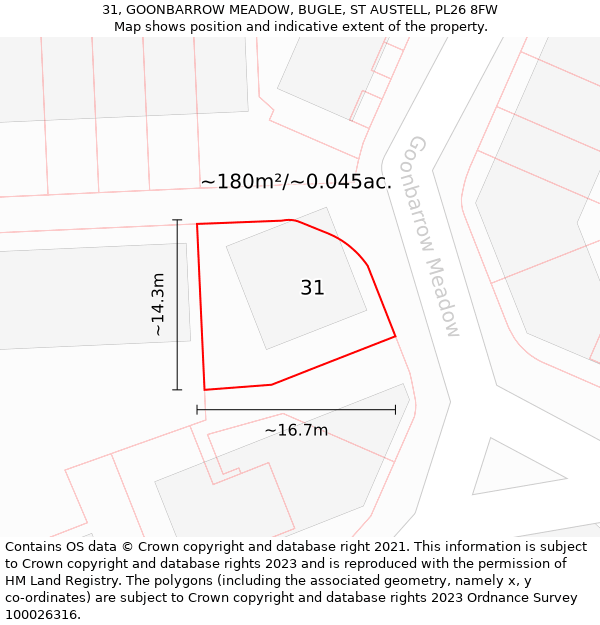 31, GOONBARROW MEADOW, BUGLE, ST AUSTELL, PL26 8FW: Plot and title map