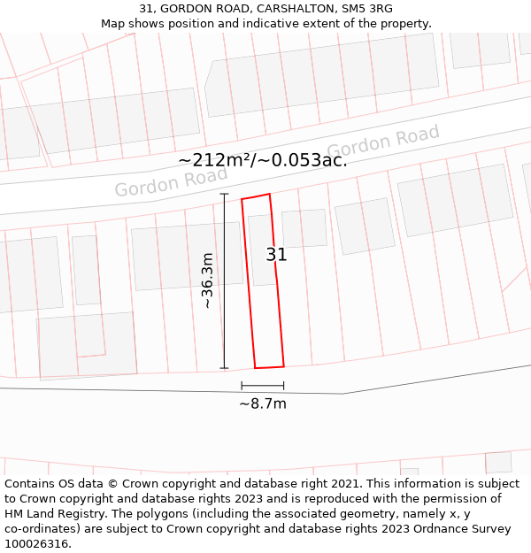 31, GORDON ROAD, CARSHALTON, SM5 3RG: Plot and title map