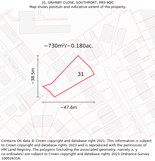 31, GRANBY CLOSE, SOUTHPORT, PR9 9QG: Plot and title map