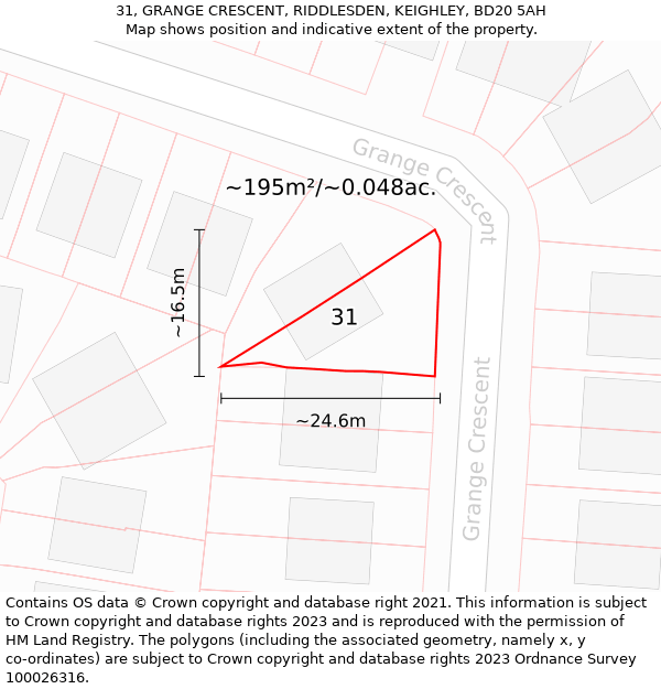 31, GRANGE CRESCENT, RIDDLESDEN, KEIGHLEY, BD20 5AH: Plot and title map