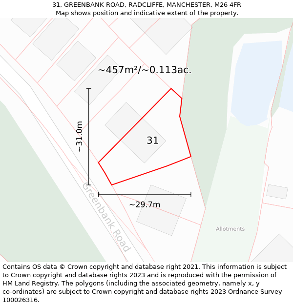 31, GREENBANK ROAD, RADCLIFFE, MANCHESTER, M26 4FR: Plot and title map