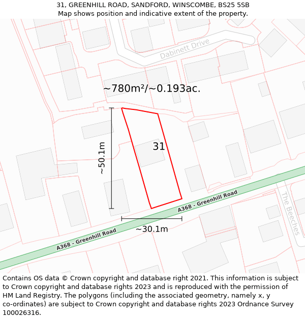 31, GREENHILL ROAD, SANDFORD, WINSCOMBE, BS25 5SB: Plot and title map