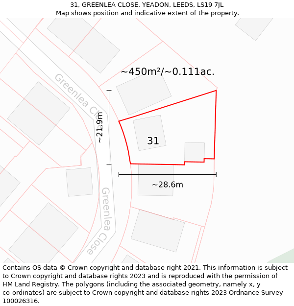 31, GREENLEA CLOSE, YEADON, LEEDS, LS19 7JL: Plot and title map