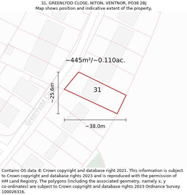 31, GREENLYDD CLOSE, NITON, VENTNOR, PO38 2BJ: Plot and title map