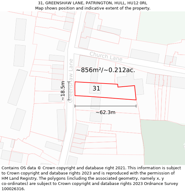 31, GREENSHAW LANE, PATRINGTON, HULL, HU12 0RL: Plot and title map