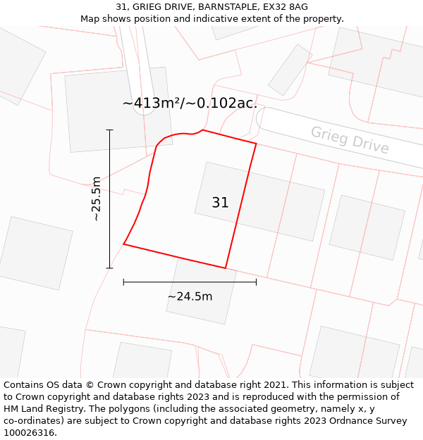 31, GRIEG DRIVE, BARNSTAPLE, EX32 8AG: Plot and title map