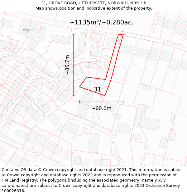 31, GROVE ROAD, HETHERSETT, NORWICH, NR9 3JP: Plot and title map