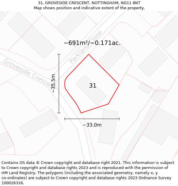 31, GROVESIDE CRESCENT, NOTTINGHAM, NG11 8NT: Plot and title map