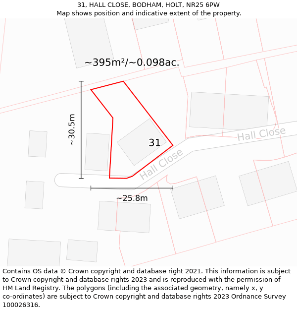 31, HALL CLOSE, BODHAM, HOLT, NR25 6PW: Plot and title map