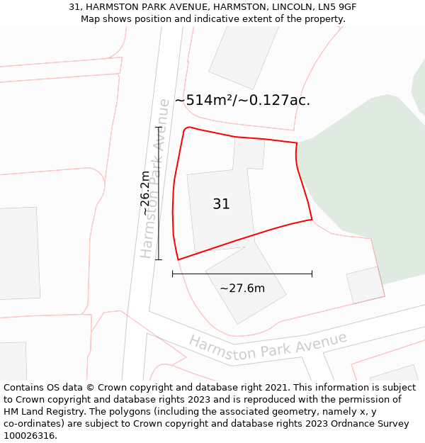 31, HARMSTON PARK AVENUE, HARMSTON, LINCOLN, LN5 9GF: Plot and title map