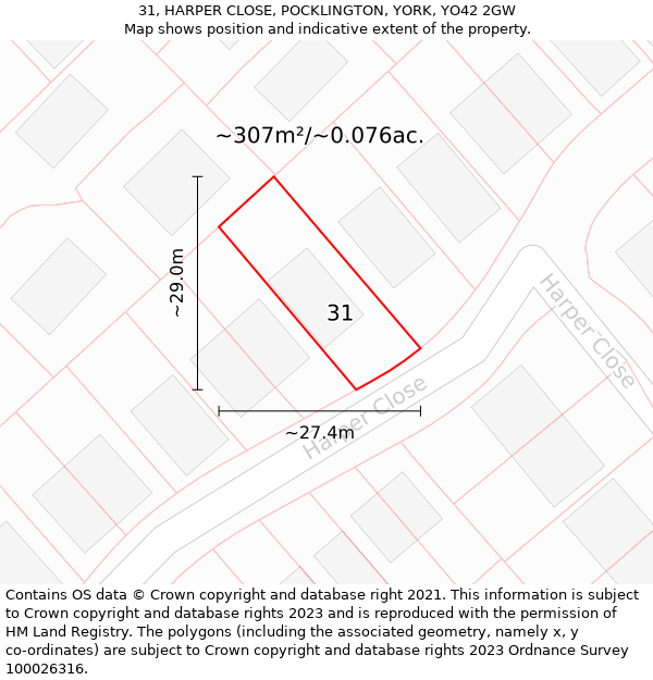 31, HARPER CLOSE, POCKLINGTON, YORK, YO42 2GW: Plot and title map