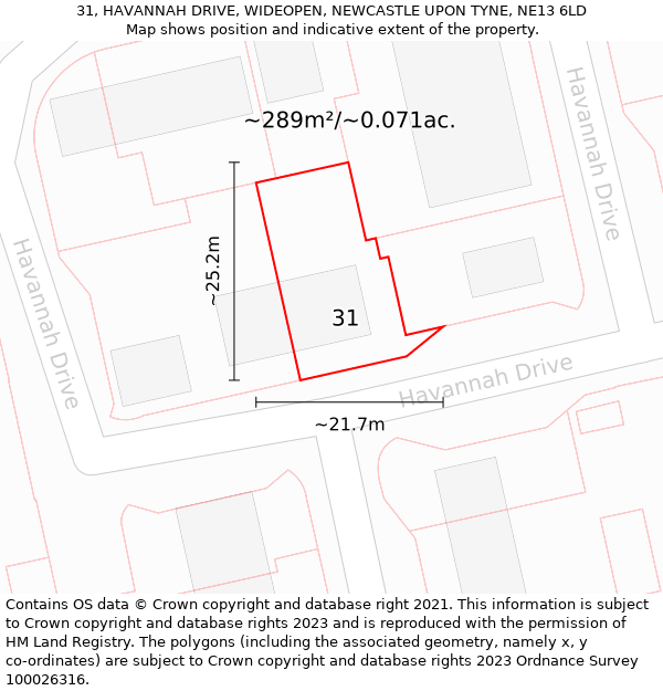 31, HAVANNAH DRIVE, WIDEOPEN, NEWCASTLE UPON TYNE, NE13 6LD: Plot and title map