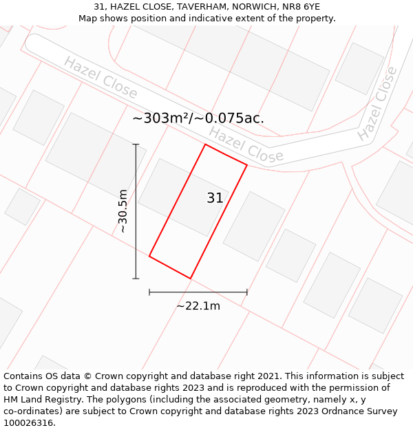 31, HAZEL CLOSE, TAVERHAM, NORWICH, NR8 6YE: Plot and title map