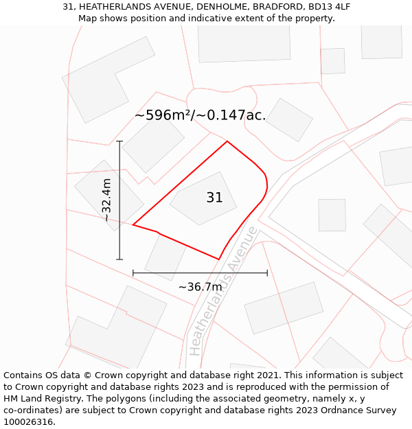 31, HEATHERLANDS AVENUE, DENHOLME, BRADFORD, BD13 4LF: Plot and title map