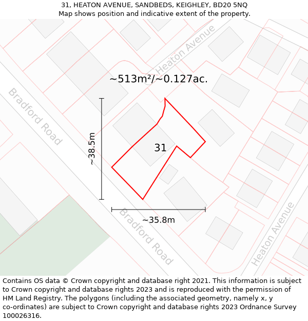 31, HEATON AVENUE, SANDBEDS, KEIGHLEY, BD20 5NQ: Plot and title map