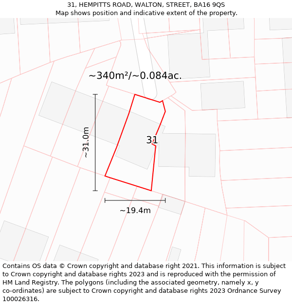 31, HEMPITTS ROAD, WALTON, STREET, BA16 9QS: Plot and title map