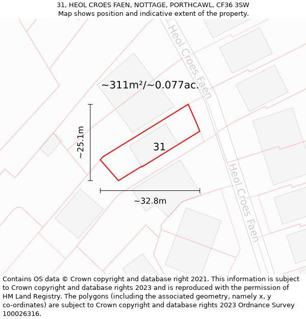 31, HEOL CROES FAEN, NOTTAGE, PORTHCAWL, CF36 3SW: Plot and title map