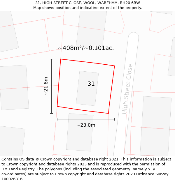 31, HIGH STREET CLOSE, WOOL, WAREHAM, BH20 6BW: Plot and title map