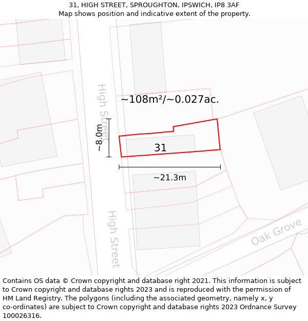 31, HIGH STREET, SPROUGHTON, IPSWICH, IP8 3AF: Plot and title map