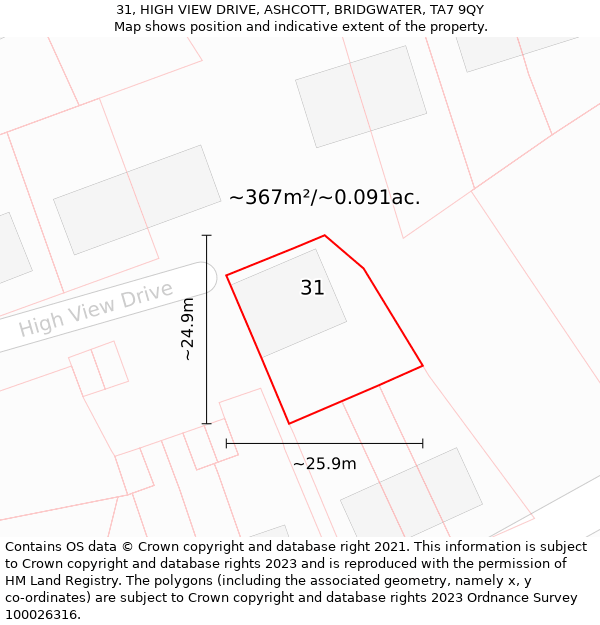 31, HIGH VIEW DRIVE, ASHCOTT, BRIDGWATER, TA7 9QY: Plot and title map