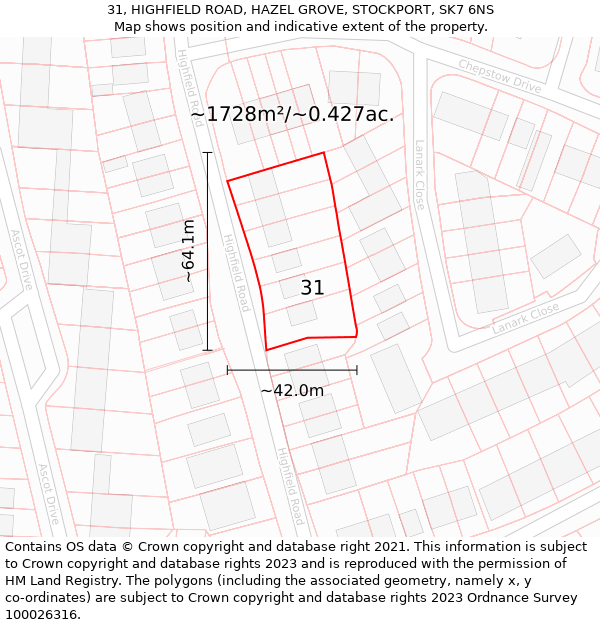 31, HIGHFIELD ROAD, HAZEL GROVE, STOCKPORT, SK7 6NS: Plot and title map