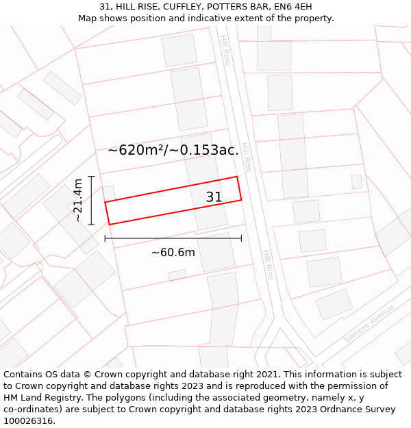 31, HILL RISE, CUFFLEY, POTTERS BAR, EN6 4EH: Plot and title map